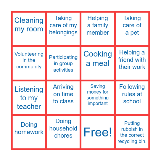 Responsibility Bingo Card