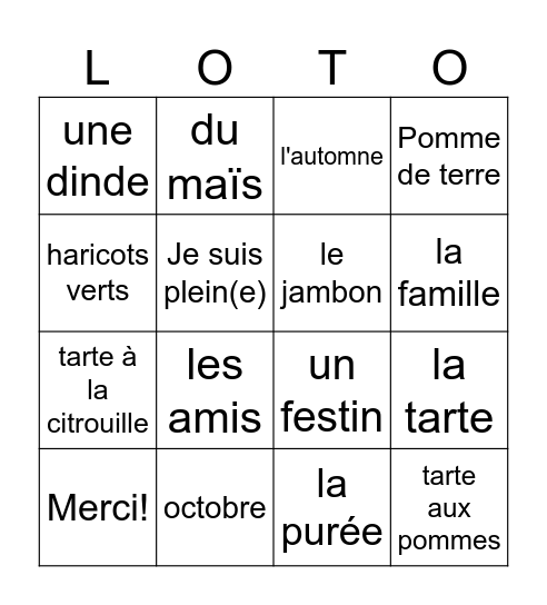 L'action de grace Bingo Card