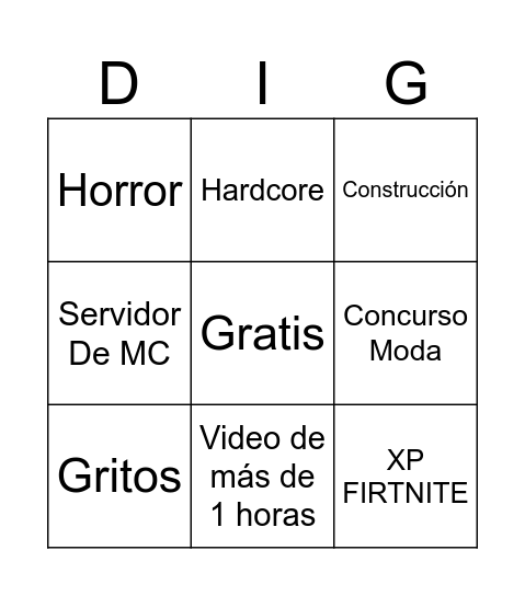 Dieingo Bingo Card