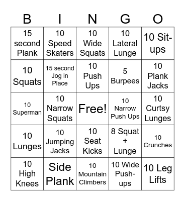 Exercise Bingo Card