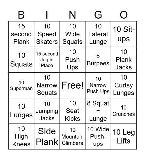 Exercise Bingo Card