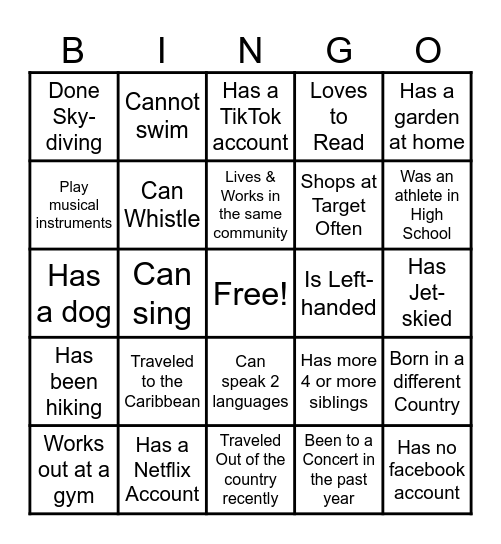 Team Building Bingo Card