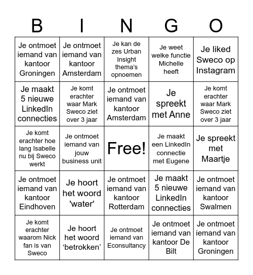 Nieuw@Sweco Bingo Card