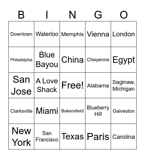 Destination Bingo Card