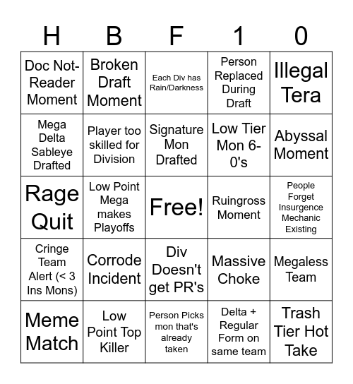 HBF S10 Bingo Board Bingo Card