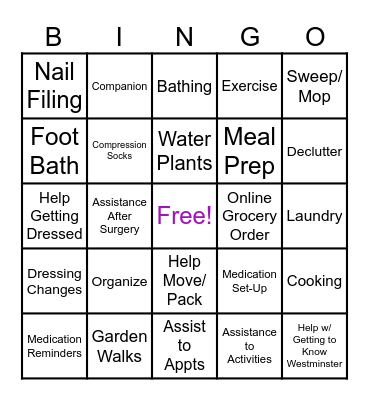 WELL@WESTMINSTER HOME CARE Bingo Card