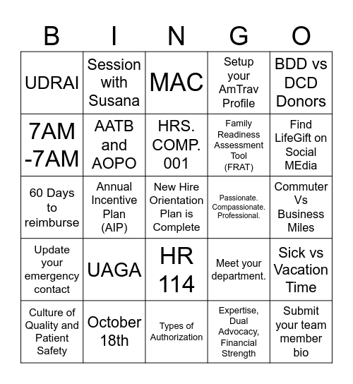 October Orientation Bingo Card