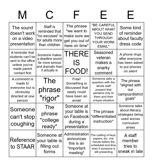 McFee Staff Meeting Bingo Card