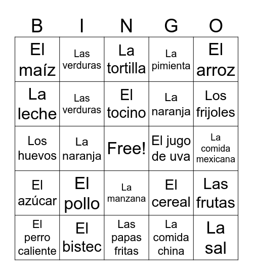 La comida Bingo Card