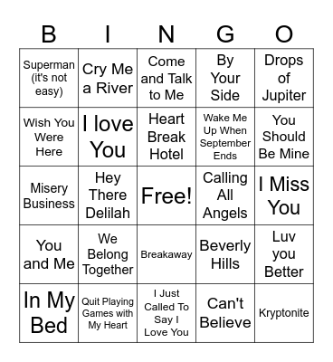 Break Up Songs Bingo Card