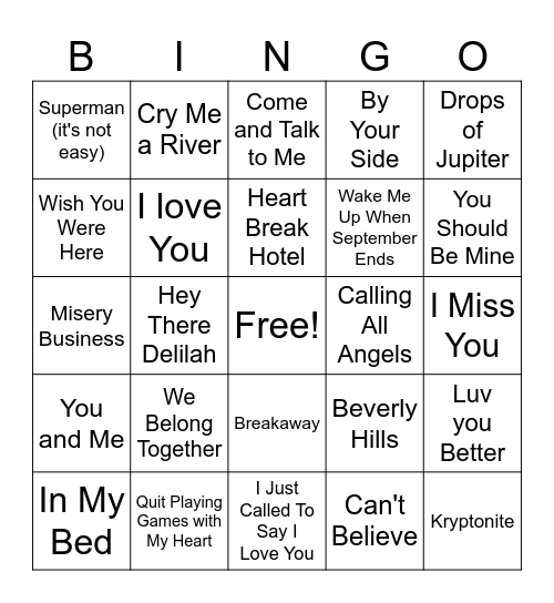 Break Up Songs Bingo Card