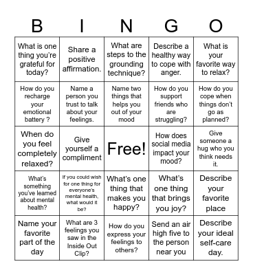 Mental Health BINGO Card