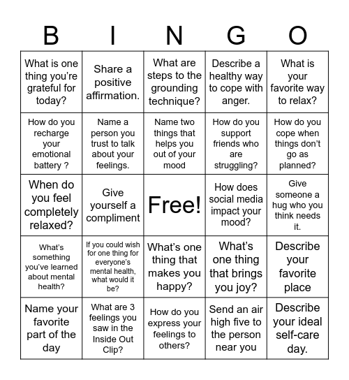 Mental Health BINGO Card