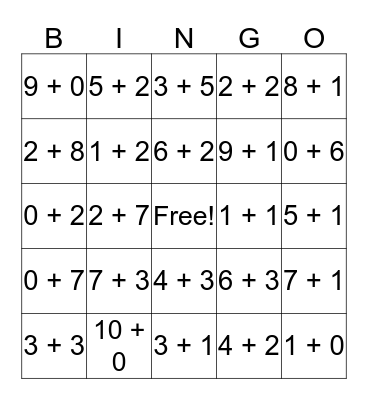 Math facts Bingo Card
