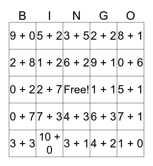 Math facts Bingo Card