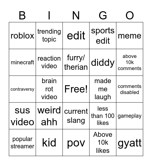 yt shorts bingo Card