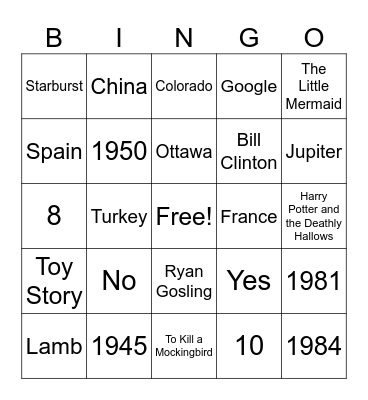 Trivia Bingo Card