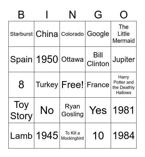 Trivia Bingo Card