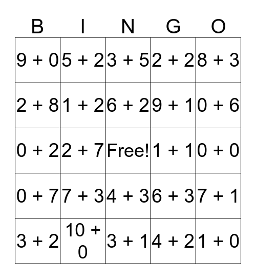 Math facts Bingo Card