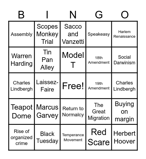 1920s Bingo Card