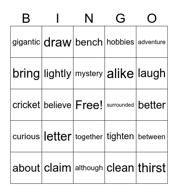 Vocab Words Bingo Card