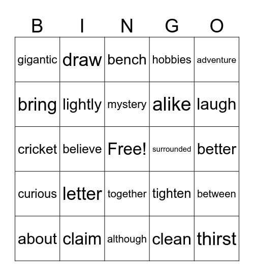 Vocab Words Bingo Card