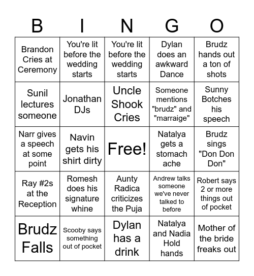 Wedding Bingo Card