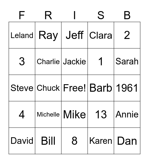 Frisbee Cousins Bingo Card