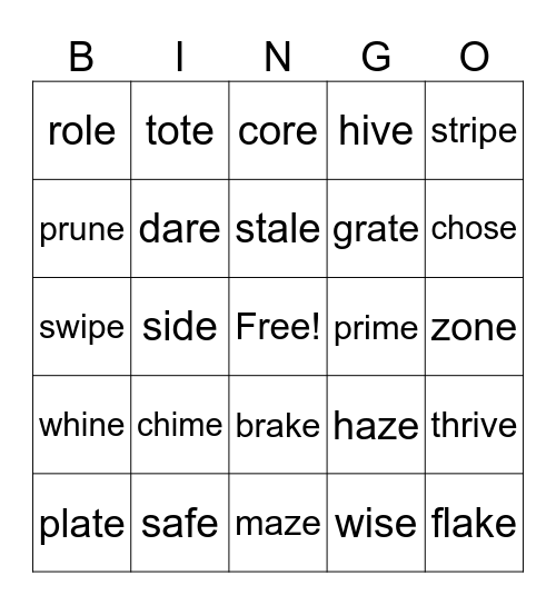 Vowel Consonant E Syllable Type words Bingo Card