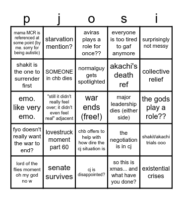 End of War? Bingo Card