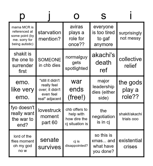 End of War? Bingo Card