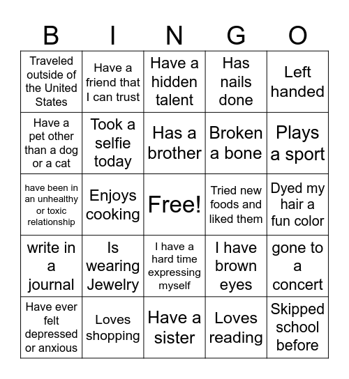 All about me BINGO Card
