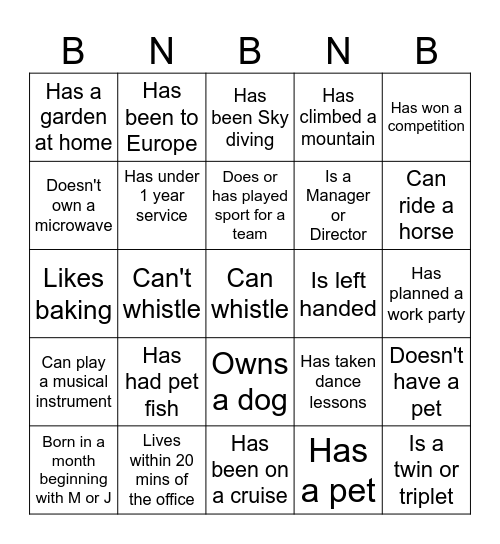 Team Building Bingo Card