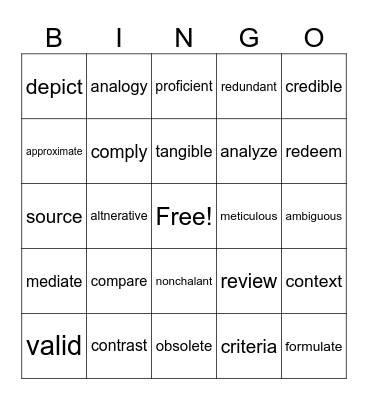 Academic Vocabulary Bingo Card