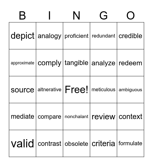 Academic Vocabulary Bingo Card
