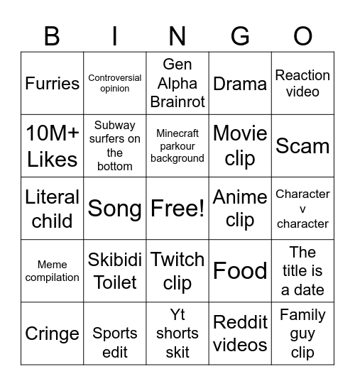 YouTube shorts Bingo Card