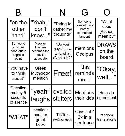 Great Books Bingo Card