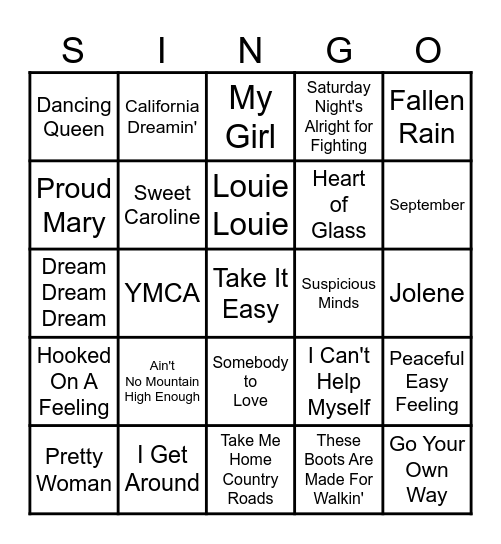 SINGO Bingo Card