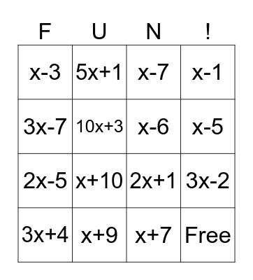 Algebra 2 Factor BINGO Card