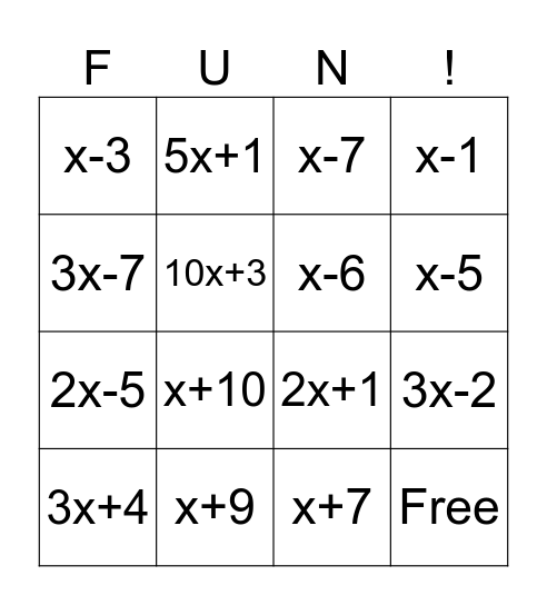 Algebra 2 Factor BINGO Card