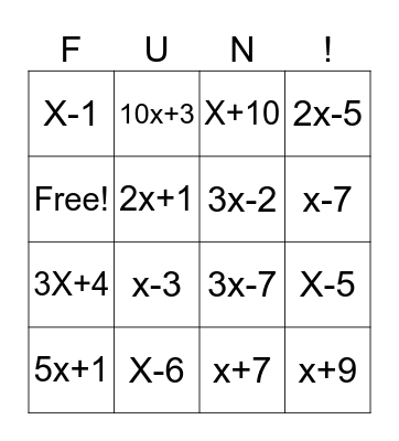 Algebra 2 BINGO Card