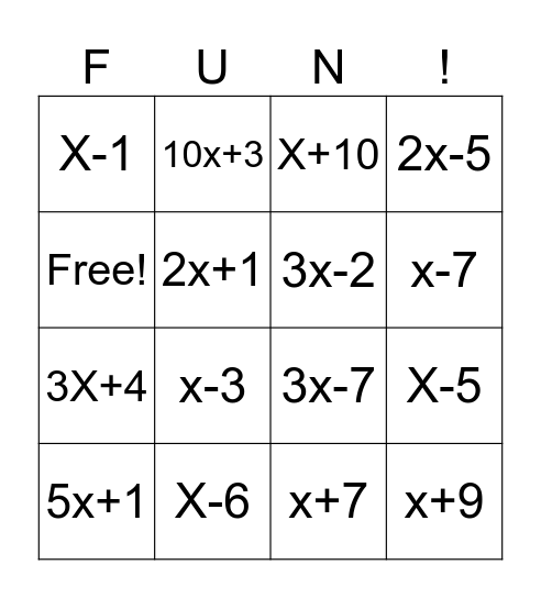 Algebra 2 BINGO Card