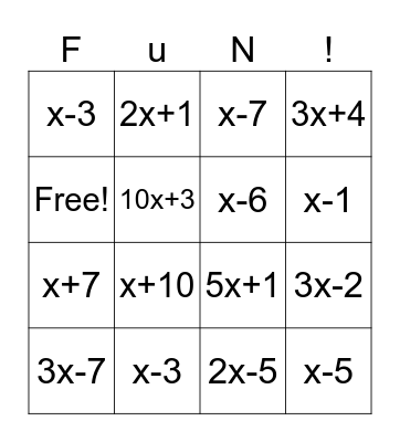 Algebra 2 Factor BINGO Card