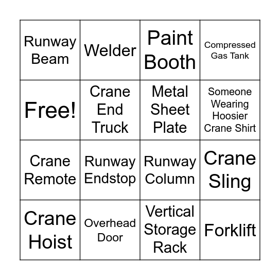 Hoosier Crane Bingo Card