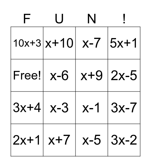 Algebra 2 Factor BINGO Card