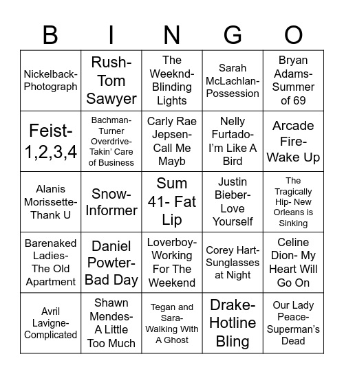 Radio Bingo Oh, Canada Bingo Card