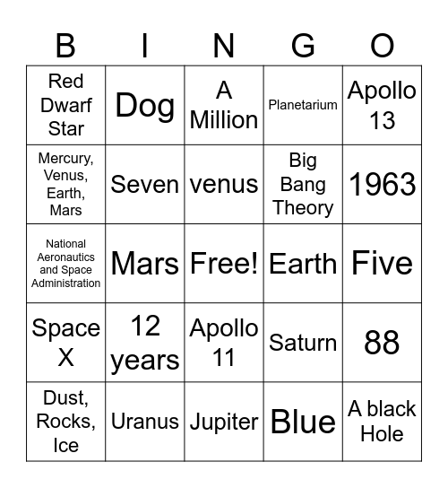 Space Bingo Card