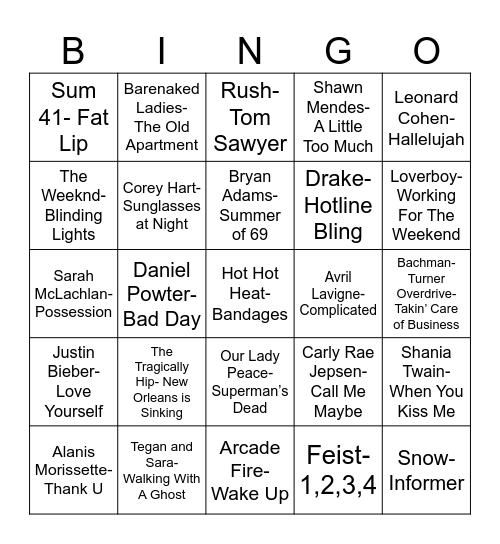 Radio Bingo Oh, Canada Bingo Card