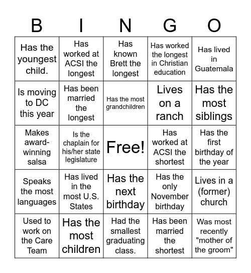 Find The Person In the Department Who... Bingo Card