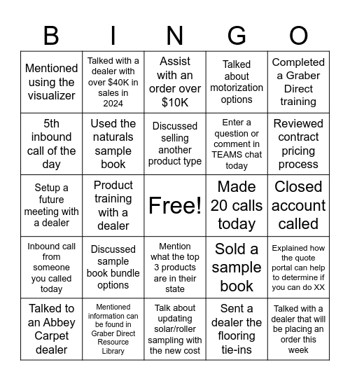 Fall Dealer Bingo Card